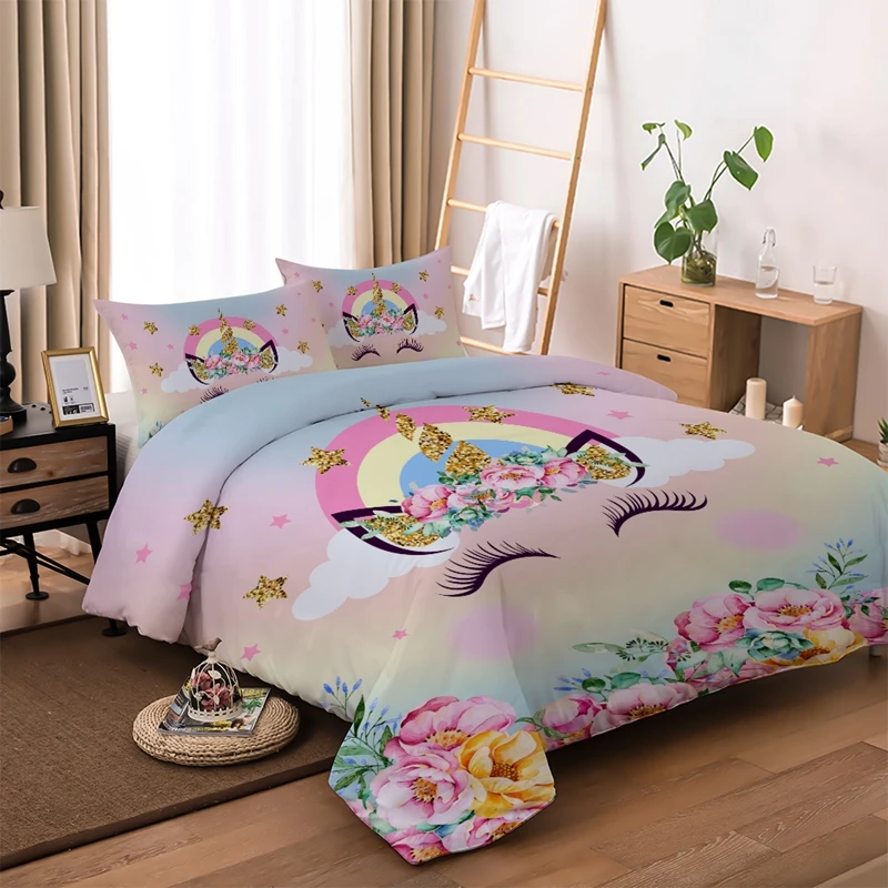 

3D Unicorn Bedding Set Pink Cartoon Single Double Duvet Cover Set Flower Star Queen King Twin Full Size Bed Linen For Girls Home