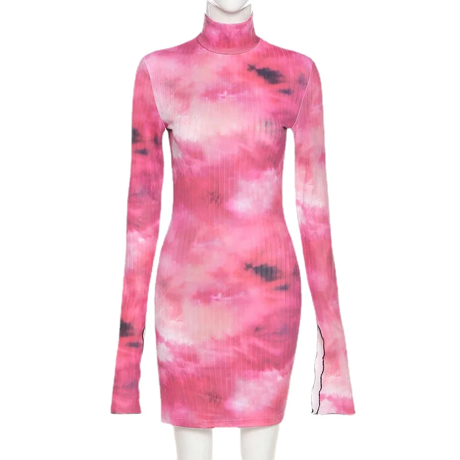 

2021 NEW Tie-Dye Printing Petal Sleeve Half-High Collar Women's Dresses Sexy Casual Elastic Tight Street Colorful Bodycon