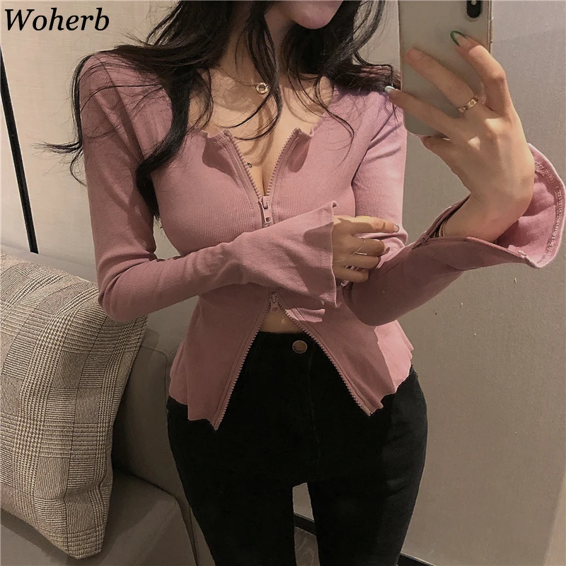 Woherb однотонный сексуальный вязаный укороченный Топ для женщин Базовая рубашка