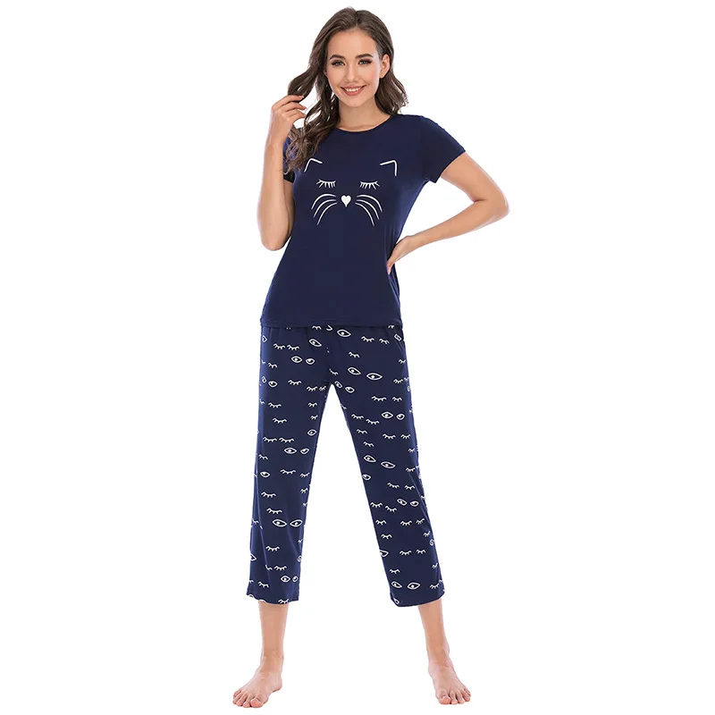 

Pajama Set Spirng Autumn Women Home Service Short Sleeve Cropped Trousers Cartoon Print Sleepwear o Neck Casual Two Piece Sets