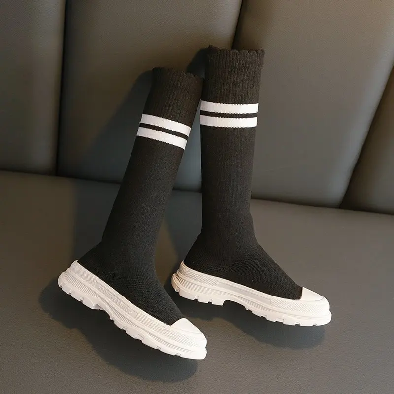 Сапоги до колена для девочек повседневные сапоги в полоску без застежки на