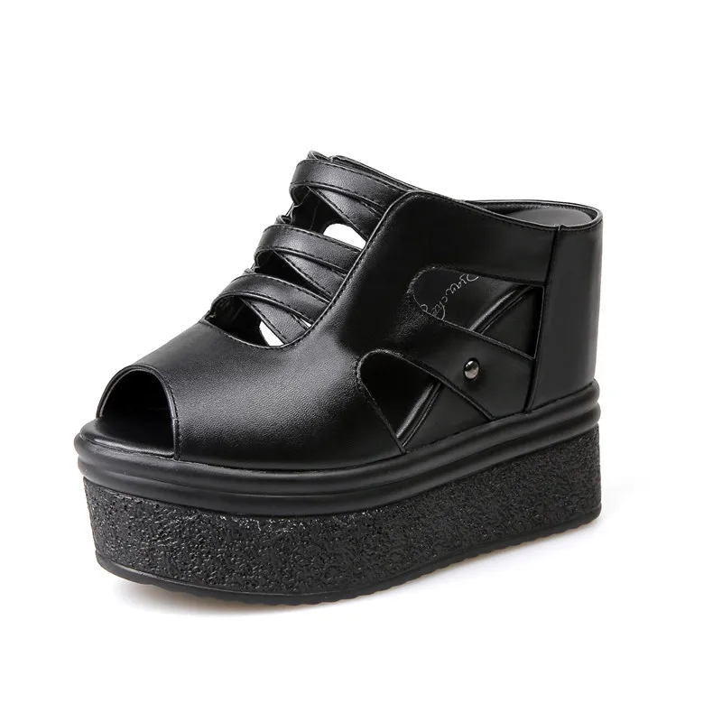 Hollow black Летние женские босоножки; коллекция года; Zapatos De Mujer; повседневные женские Босоножки с открытым носком на резиновой подошве, с шипами, на танкетке, с пряжкой и ремешком на щиколотке - Цвет: Hollow black