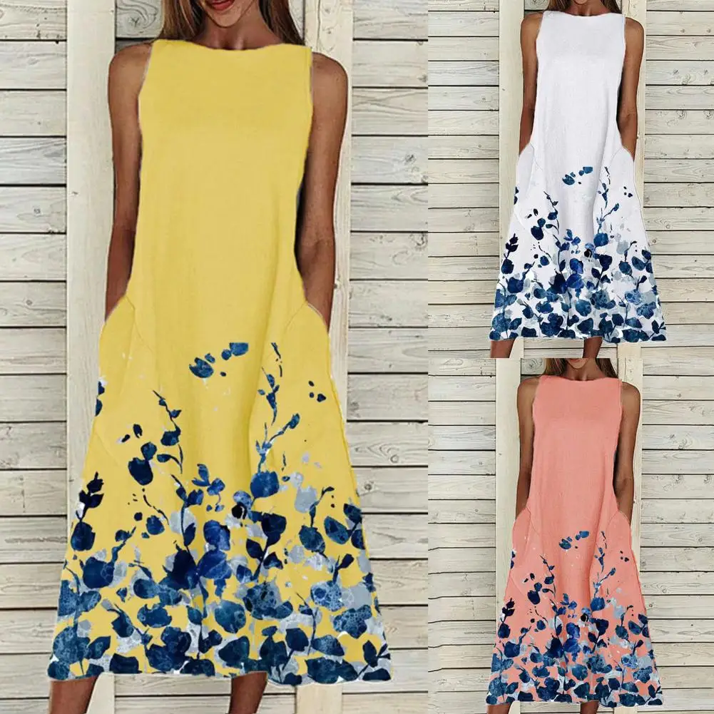 Лидер продаж 70% женское длинное платье-трапеция средней длины без рукавов с