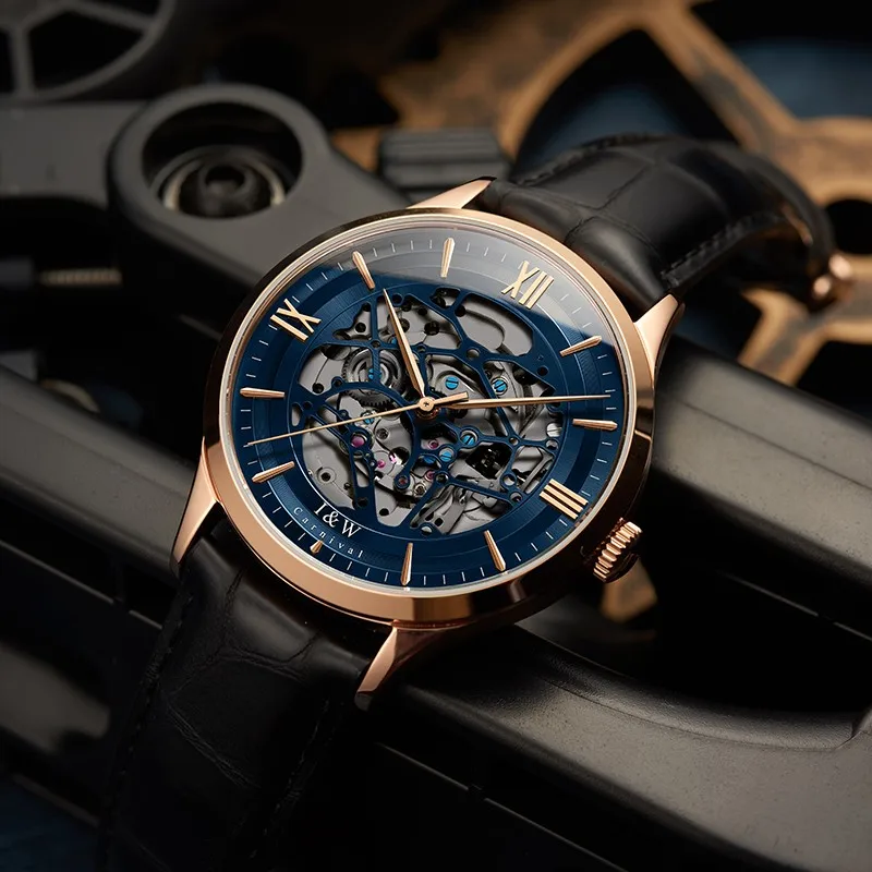 Фото Blue Skeleton Watch for Men Luxury Brand I&W Rose Gold Case Automatic Watch Sapphire Leather Strap Men Mechanical Wristwatches №1