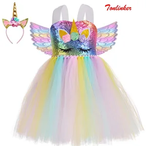 Новинка 2021, костюм единорога на Хэллоуин для девочек, платье-пачка с радужными блестками и повязкой на голову, платья принцессы для детской вечеринки