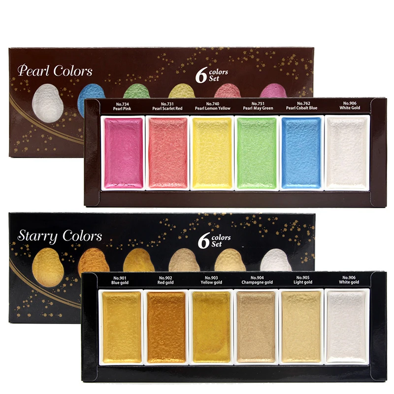 6 Starry Colors Metallic Gold Watercolor Paints Pearl Color Kawaii Stationary Students Portable Water color Cake Art Supplies| |