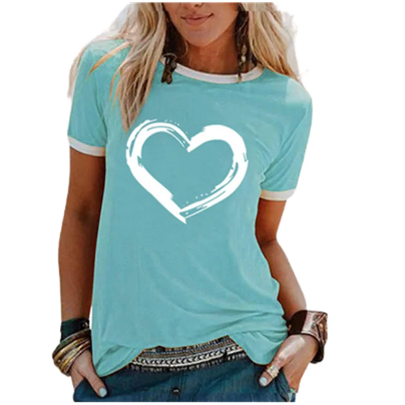 

Heart-shaped Print Women T Shirts Casual Short Sleeve Loose Tops Fashion Street Ladies Round Neck Summer Women T-Shirt 2021 New