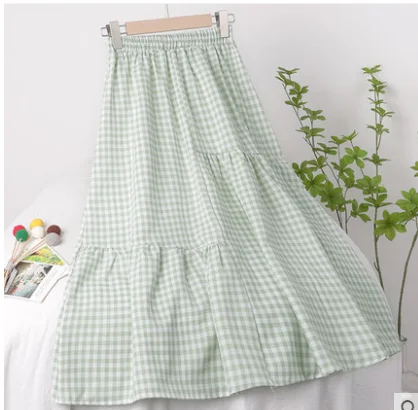 

2021 New Summer Women Elastic Waist vintage Plaid Skirt Japan Style Mori Girl Patchwork Skirt