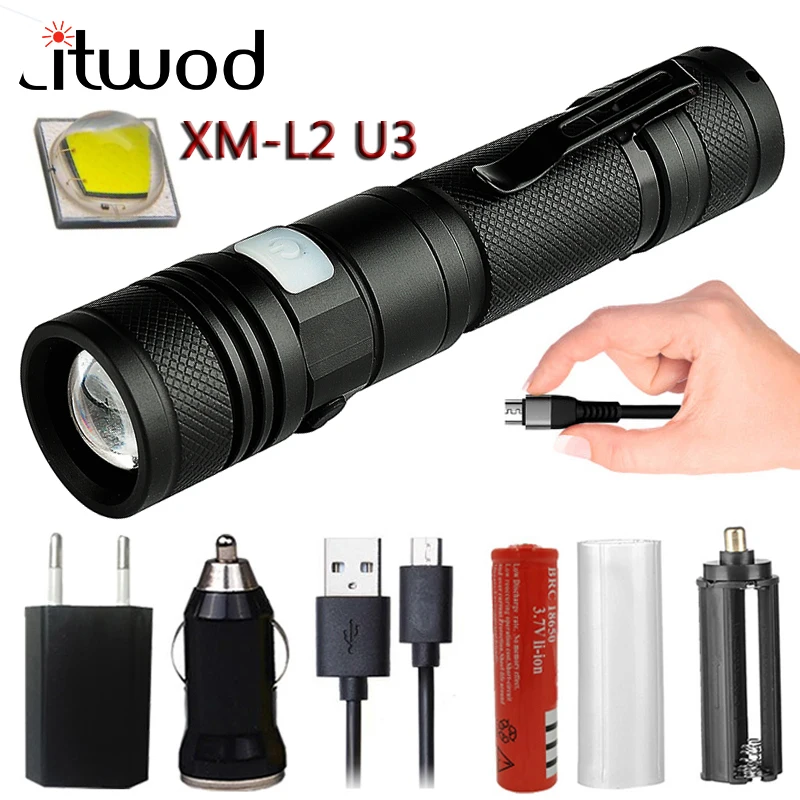 

Litwod Z201301 XM-L2 U3 Micro USB Rechargeable LED Flashlight T6 Zoomable 5 Modes Aluminum Lanterna flashlight Torch