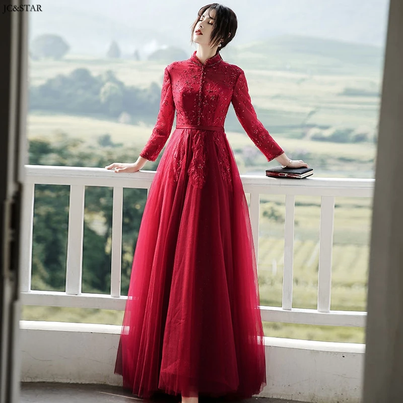 

Vestido de festa longo new lace neck long sleeve A Line burgundy bridesmaid dresses robe demoiselle d'honneur pour femme