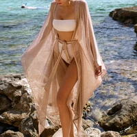 2021 new full shiny beach cover ups spandex elastic net cardigans long sunscreen bikini cover ups lacing up long belt swimwears