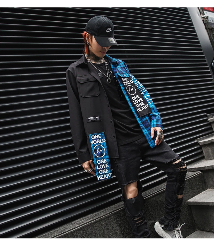 New Western Diablo Style Fashion Individuality Printed Plaid Patchwork Men's Long-Sleeved Shirts Hip Hop Autumn Streetwear Color