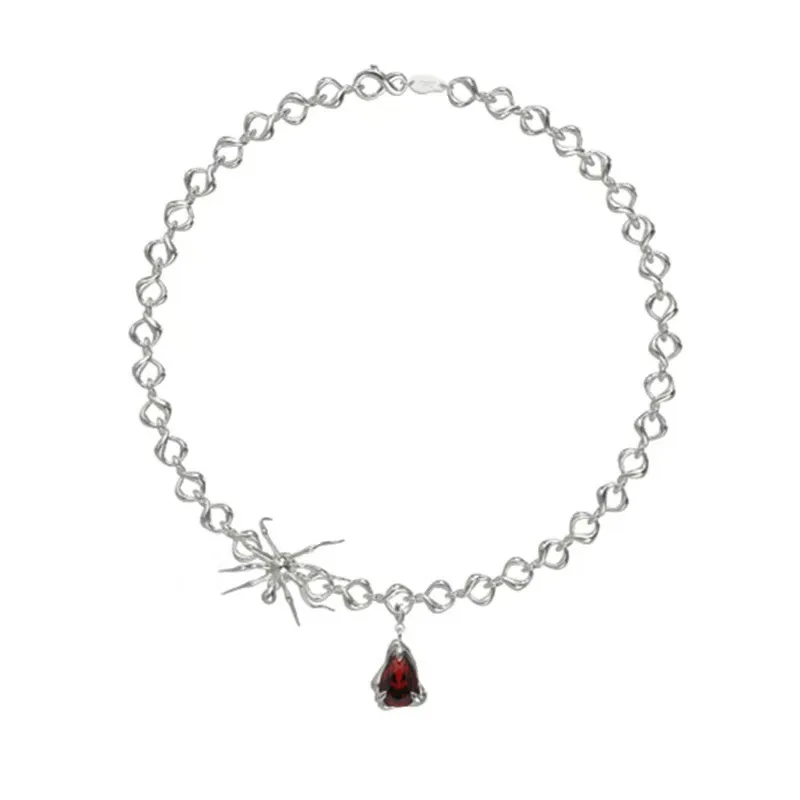 

2021 New Punk Hip Hop Red Rhinestone Pendants Spider Metal Geometric Unisex Couple Insect Necklace for Women Men Party