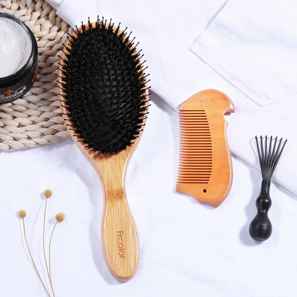 

Frcolor Boar Hair Brush Set Natural Wooden Bamboo Handle Anti-static Comb for Styling Straightening Detangling