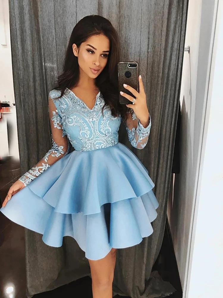 

Women Short Homecoming Dresses Satin Prom Party Gowns Lace Appliques V Neck Full Sleeves Cocktail Dress