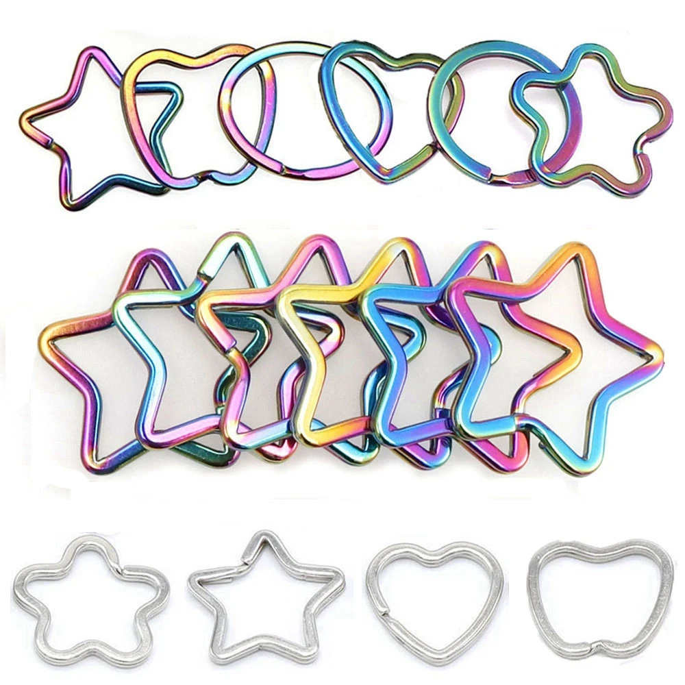 

10pcs Multi-styles Rainbow Split Ring Heart Star Apple Keychains Metal Key Chain Ring Split Rings Keyring Keyfob Accessories DIY