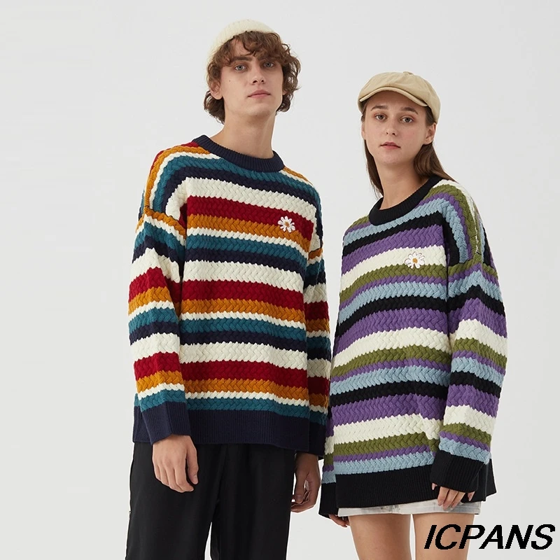 

ICPANS вязаный свитер в радужную полоску с вышивкой маргаритки свитера с цветами уличная одежда для мужчин и женщин модные пуловеры трикотажн...