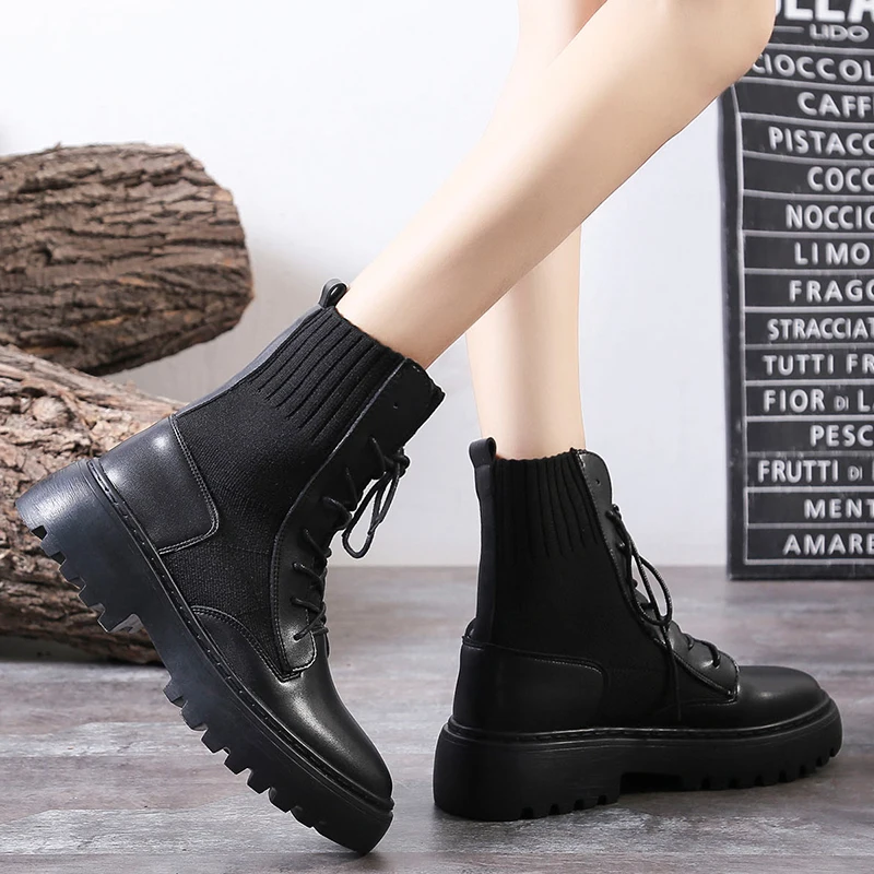 Женские ботинки из натуральной кожи черные Martens женские ботильоны мотоботы