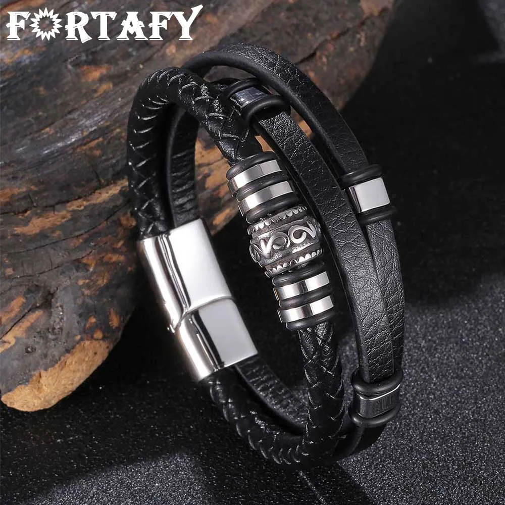 

FORTAFY Multilayer Braided Wrap Leather Bracelets Men Stainless Steel Charm Magnet Clasp Punk Handmade Bangles Male Gift FR1152