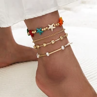 aprilwell 4 pcs cute starfish heart pearl anklets bracelets sets summer sandals gold chain jewelry female barefoot accessories