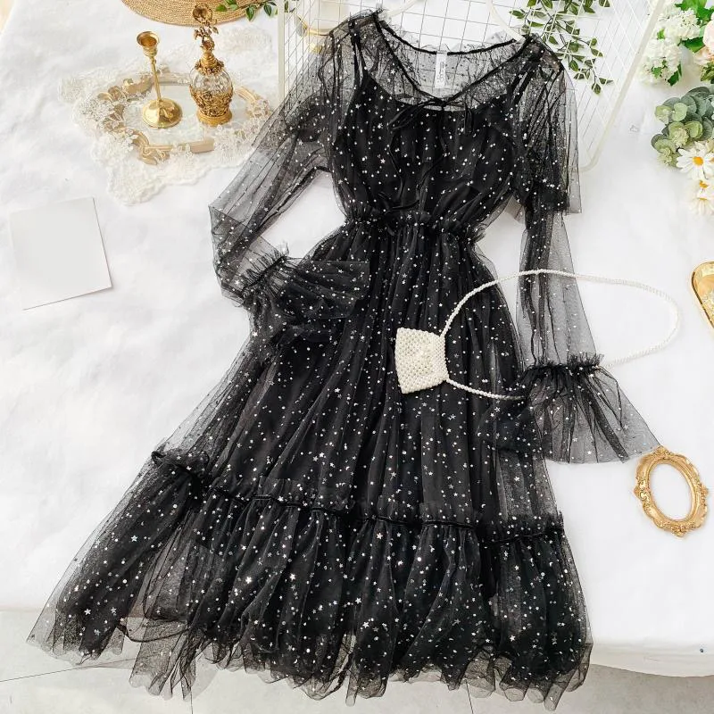 Сетчатое кружевное женское платье принцессы со звездами и блестками милое
