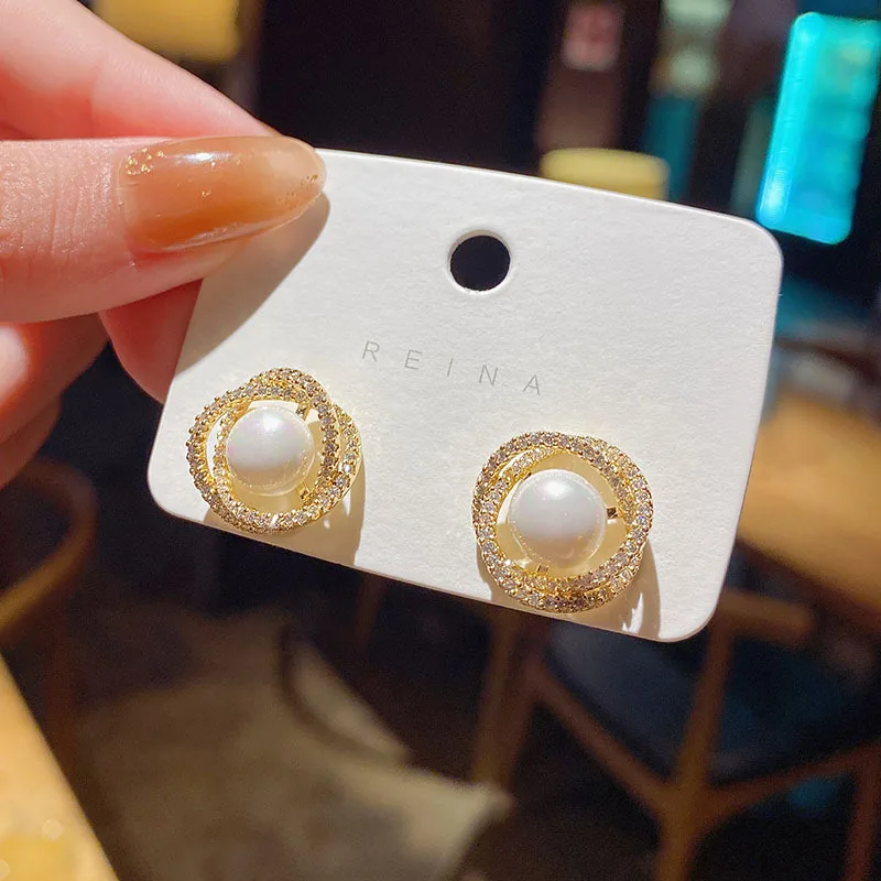 

S925 Silvers Simple Retro Pearl Earrings Circle Zircon Exquisite Temperament for Women Jewelry 2021