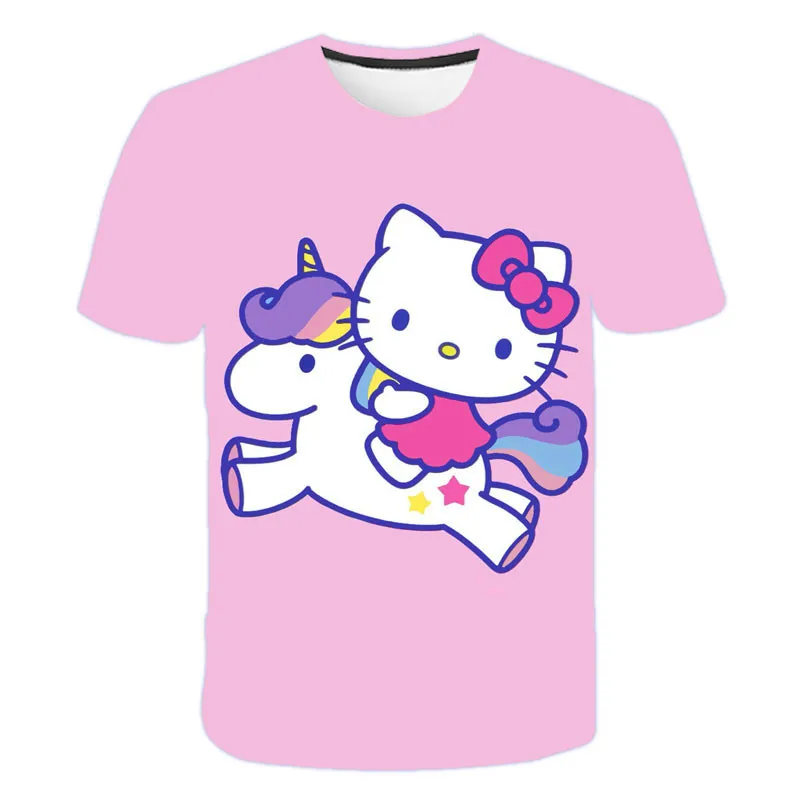 

2021 boys and girls summer short-sleeved T-shirt girl clothes 3D printing blue pink cartoon cat casual fashion T-shirt