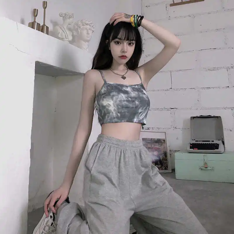

INS Super-Hot Short Tie-Dye Camisole Female Summer Harajuku Style Slim Fit Midriff-Baring Student Versatile Bottoming Top