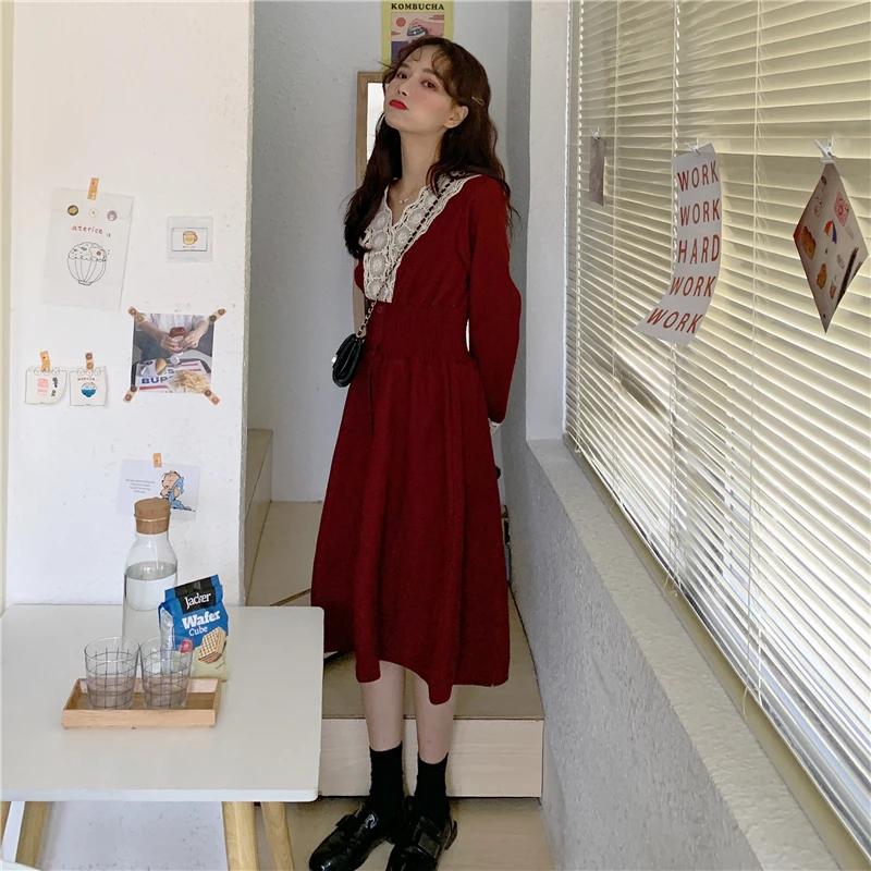 Винтажное милое женское платье осень 2020 повседневное с v образным вырезом