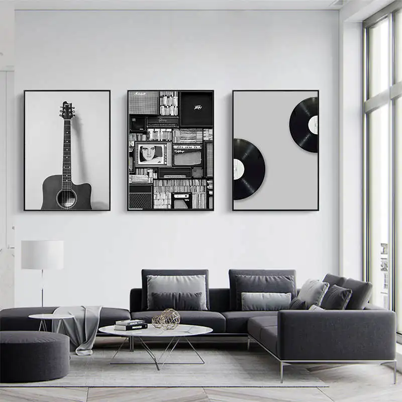 Vintage Music Prop Nordic Canvas Painting Home Decor Wall Art Retro Black White Guitar Office Living Room Picture Minimalist ART | Дом и сад
