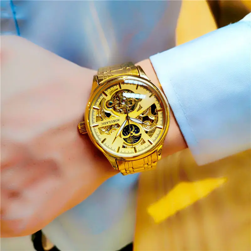 

Мужские автоматические механические часы-скелетоны, винтажные мужские часы-скелетоны черного и золотого цвета, роскошные Брендовые Часы, н...