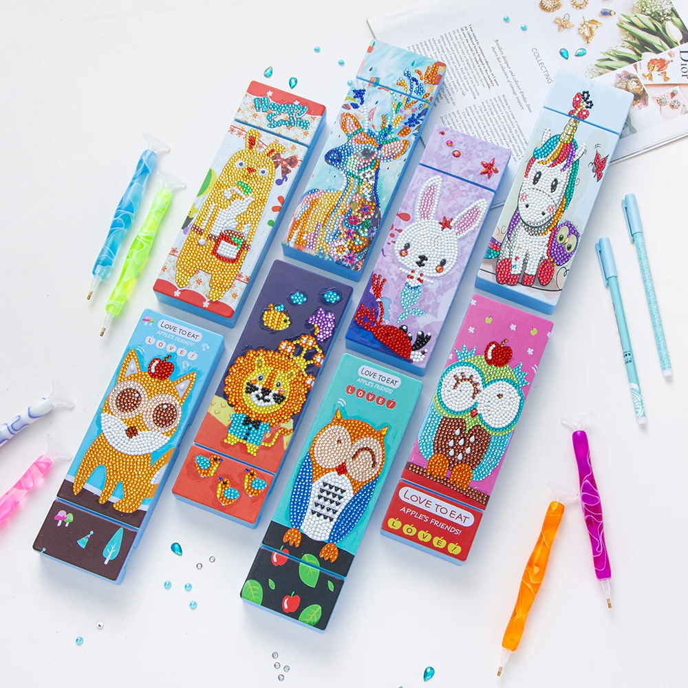 

DIY Diamond Painting 2 Grids Pencil Box Stationery Case Cartoon Animal Diamond Embroidery Storage Box Diamond Art Gifts for Kids