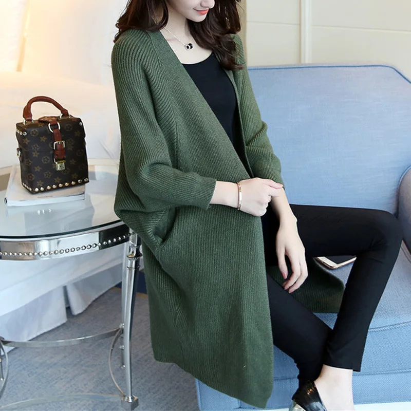 Женский вязаный кардиган однотонный с V-образным вырезом и длинными рукавами