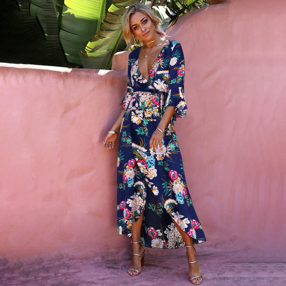 

2021 Women's Trumpet Sleeve Long Dress Bohemian Slit Irregular Long Dresses Suit Female Beach Dress Party Long Dress