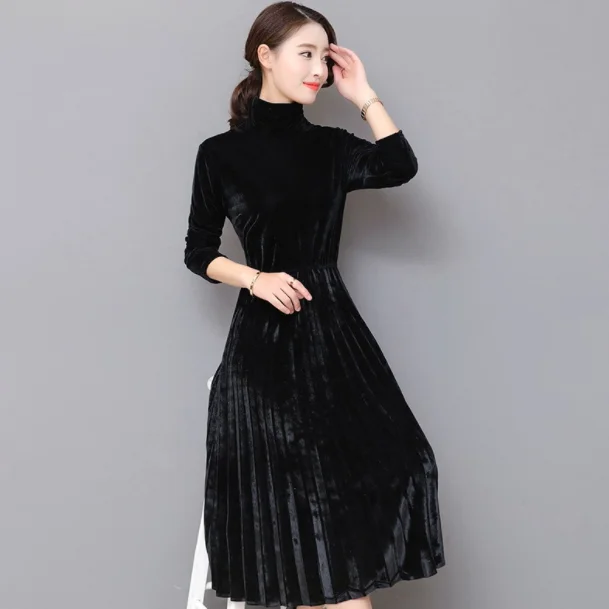 Женское зеленое черное бархатное платье 5XL зимнее с высоким воротником винтажные