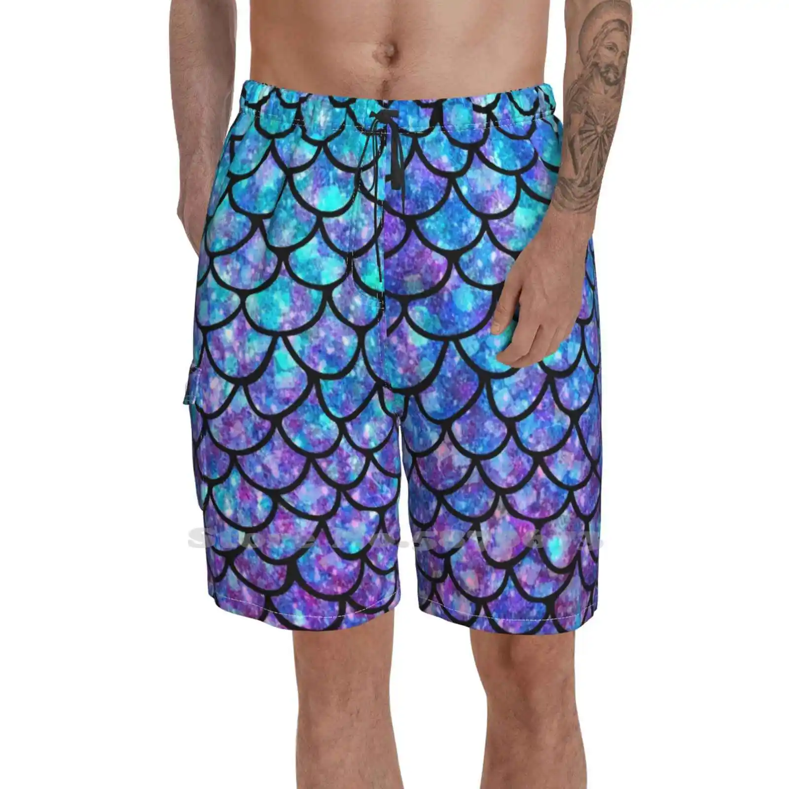 

Purples & Blues Mermaid Scales Fashion New Men'S Beach Shorts Mermaid Fairy Tale Scale Scales Whale Tail Animal Arctic Sea