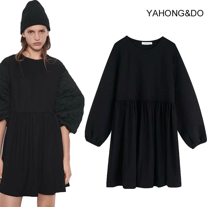 ZA женское платье мини 2019 новая мода круглый вырез длинный рукав фонарик хлопок