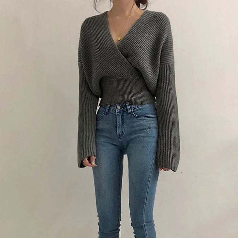 Mozuleva Sexy Fashion V-neck Cross Women Knitted Sweater Winter Loose Warm Female Pullovers Jumpers Knit Tops Short | Женская одежда