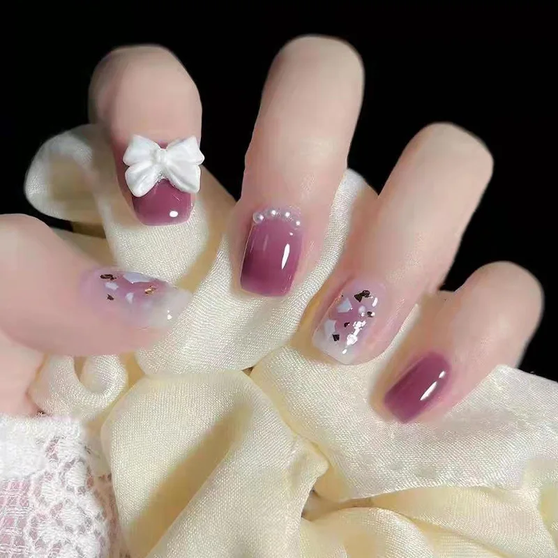 

24PCS Bow Nail Patch Sweet Style Glue Type Removable Short Paragraph Manicure Save Time False Nail Patch