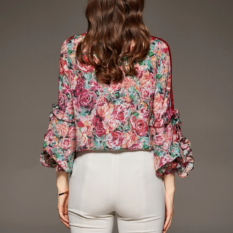 

100% Silk Women's Shirt Chinese Stand Collar Wrist Sleeves Floral Printed Vintage Buttons Elegant Blouse Tops
