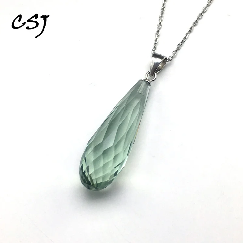 Кулон из серебра 925 пробы с натуральным зеленым аметистом 10 х30 мм|Подвески| |