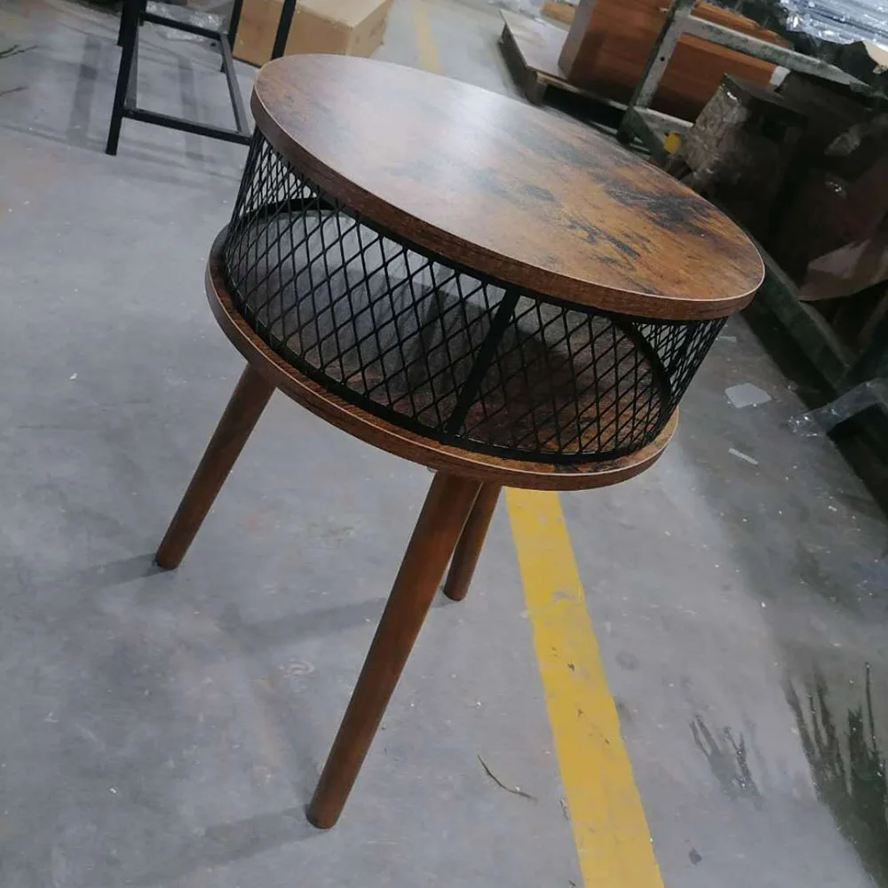 Круглый боковой столик промышленного дизайна с корзиной для хранения спальни