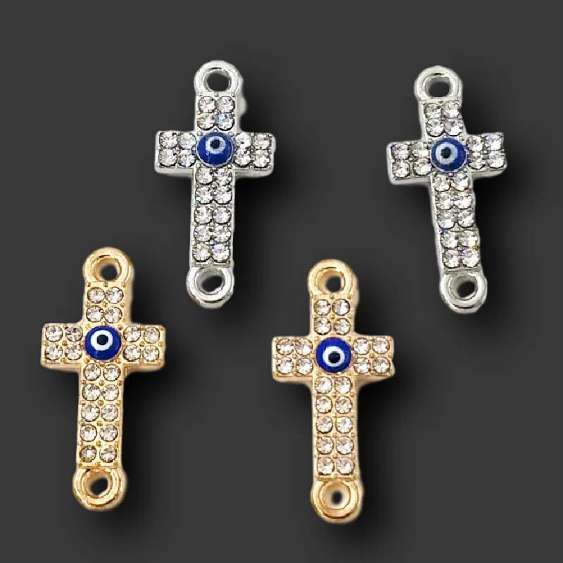 

8pcs Handmade Rhinestone Cross Blue Eye Connectors Pendants DIY Charms For Jewelry Crafts Woman Bracelet Making 25*11mm P388