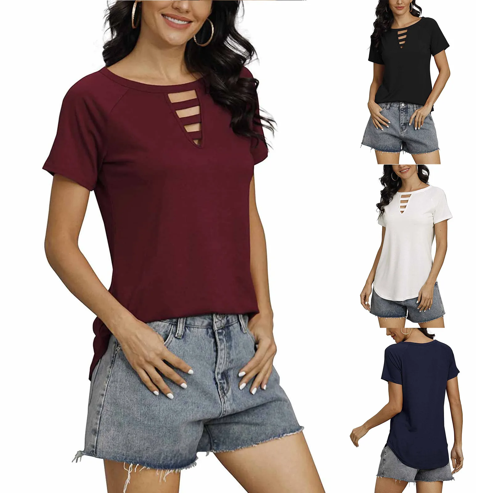 

Женская Однотонная футболка с круглым вырезом, Новинка лета 2021, Свободный Повседневный Универсальный пуловер, топ с коротким рукавом кроп т...