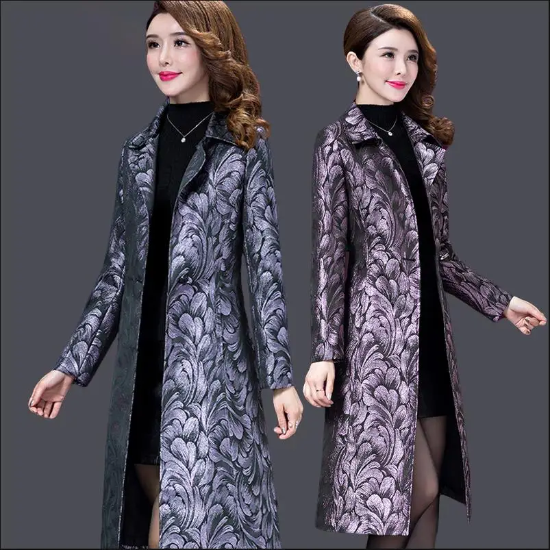 

Fashion Autumn Winter New Style Slim Long Blue Print Coat Middle Aged Mother Women Work Wear Plus Size Clothes Windbreaker 5xl