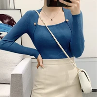 new 2021 square collar long sleeve chic women sweater pullovers autumn winter blue vintage base knit jumper tops female