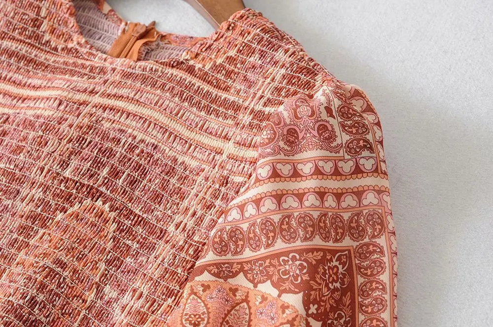 

European and American Women's Round Collar Positioning Print Lantern Sleeve Dress