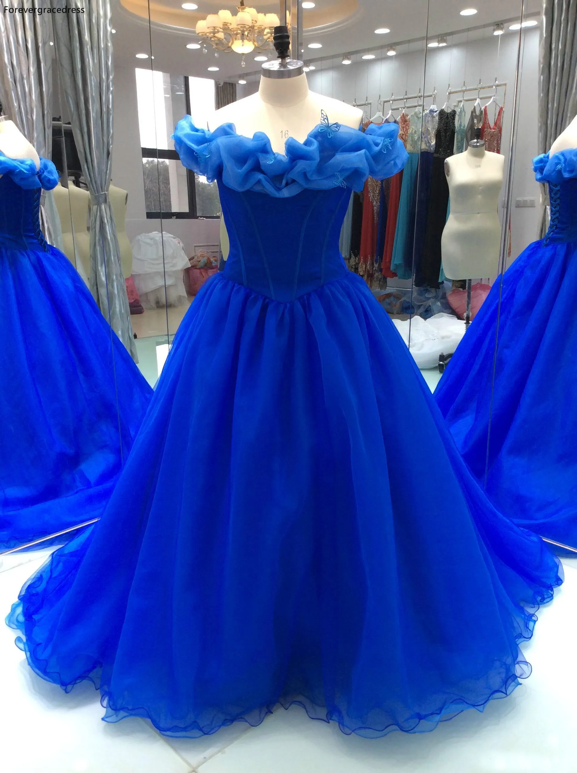 

Real Photos Blue Ball Gown Quinceanera Dress Off The Shoulder Lace Up Back Ruffle Tulle Party Pageant Gown Plus Size Custom Made