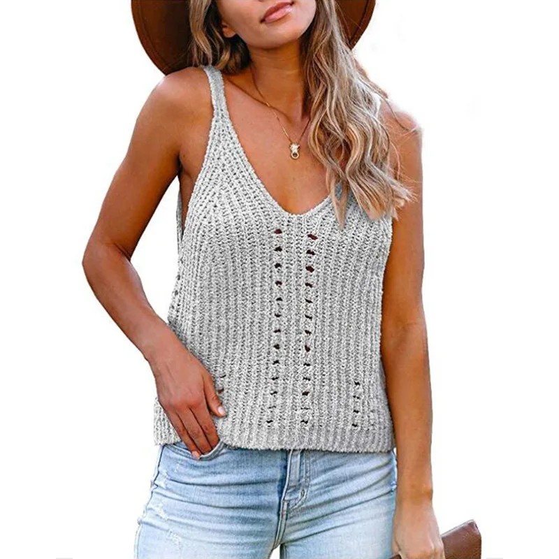

Unique Nature Sexy Tank Tops Women V Neck Summer Knitwear Female Loose Casual Tees Pullover Streetwear Tops Knitted Hollow Out