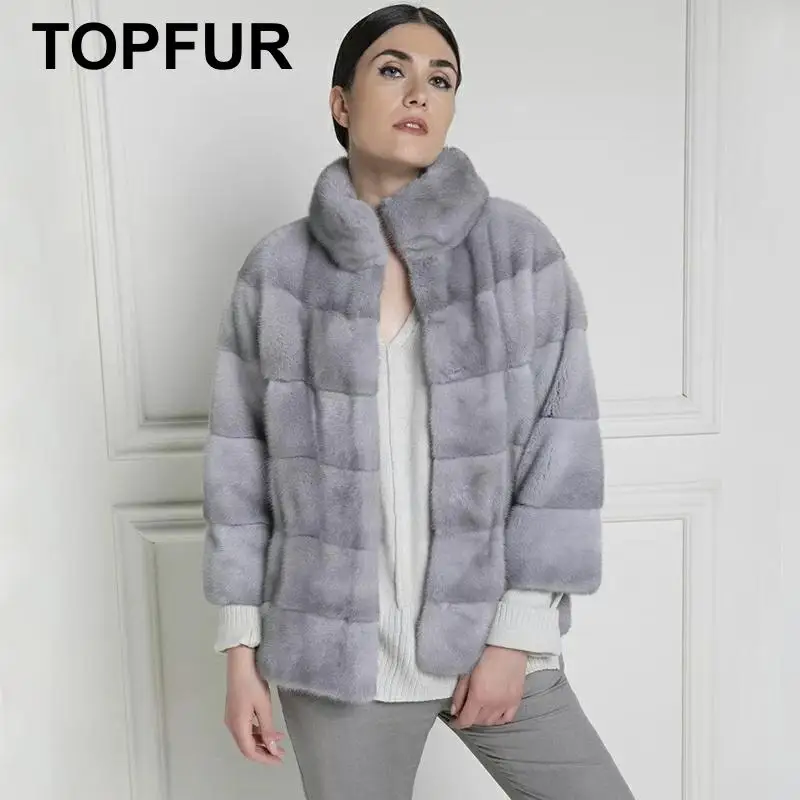 Goede Topfur Lichtgrijs Jas Vrouwen Leren Jas Winter Jas Vrouwen Echt Bont Jas Met Bontkraag Plus Size Negen Kwart Mouwen